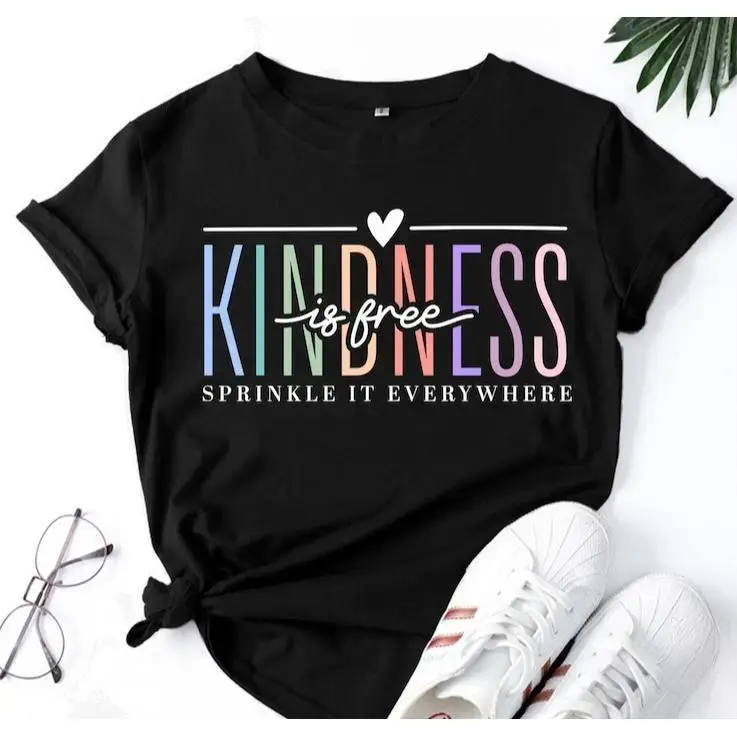 Women's 100% Cotton Printed Round Neck T-Shirt, Simple Unisex Kindness Motto Graphic Top, Uplifting Statement Apparel, Soft Fashion Crewneck, Motivational Gift for Golf Workouts