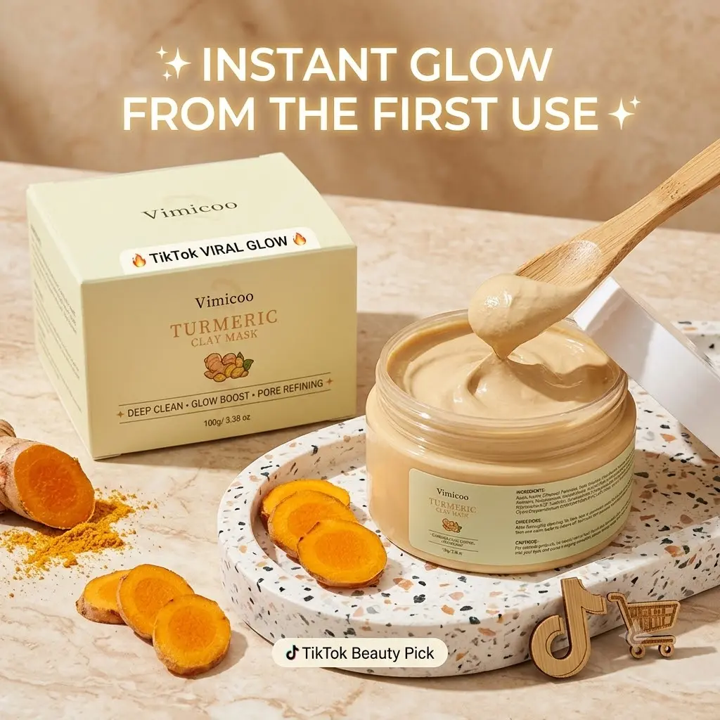 Vimicoo Turmeric Clay Face Mask with Vitamin C, Centella, Niacinamide & Aloe Vera - 3.38oz US Stock, Gentle Daily Skincare with Brush, Deep Cleansing, Oil Control, Pore Care, Skin Repair, Hydration, Radiant Skin, Clay Mask, Unisex, All Skin Types