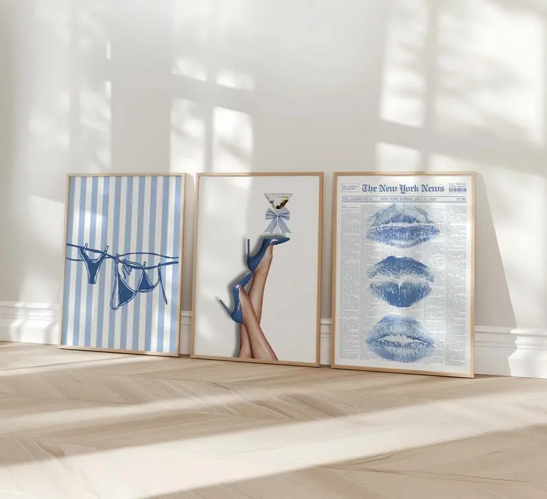 Retro Coquette Wall Art Set of 3 – Blue Lips, Bikini and Bow Heels Prints – Y2K Girly Room Decor
