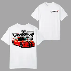 Dodge Viper T Shirt, 2 Sides Aggressive Red Viper Sports Car Illustration with Coiled Snake Head Back Graphic and Subtle Chest Logo Front, Soft Cotton Blend Shirt, Car Enthusiast Apparel for Men & Women, Viper Fan Gift, Streetwear, Mens Shirts
