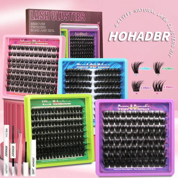 HOHADBR 4-Style D Curl Nature Lash Cluster Kit Bundle - Waterproof Eyelash Extensions, Soft on Eyelids, Easy to Apply Cosmetic for Adult Beginners, Home DIY Use Gift