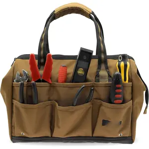14 inch Wide-Mouth Tool Bag, Gear Bag, Multiple Purpose - for Plumbers, Electricians, Handymen also good for daily use, office use and camping. (Tan)