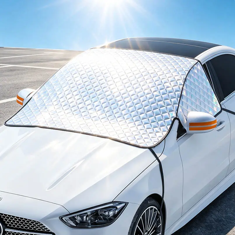Car Front Windshield Sun Shade, Thick 3-Layer Aluminum Film Windshield Protector with 5 Strong Magnets & Reflective Mirror Sleeves, Universal Auto Wind Screen Shield for UV Protection, Heat Insulation, Anti-Dust, Bird Dropping & Frost Prevention