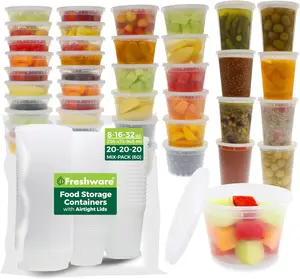 Freshware 60 Pack Food Storage Containers with Lids – 8oz, 16oz & 32oz (20 Each) Plastic Deli & Meal Prep Containers, BPA Free, Microwave & Freezer Safe, Stackable, Leakproof, Clear Recyclable Polypropylene