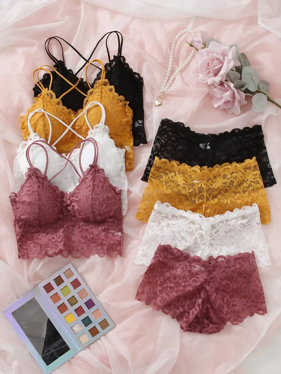 Women's 4-Piece Floral Lace Bralette & Boyshort Panty Lingerie Set - Womenswear Underwear with Delicate Fabric for Day Wear