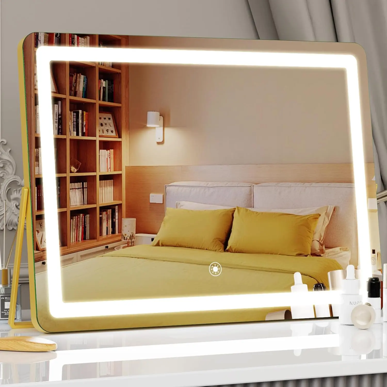 Ligheted Vanity Mirror with Lights, 14" x 12" LED Makeup Mirror, Hollywood Mirror,3 Modes Light, Smart Touch Control Dimmable, 360?Rotation, Rectangle Gold Frame