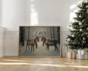 [SALE UP TO 40%] [Unframed] Christmas Reindeer Canvas Wall Art, Two Deer in Red Scarves Winter Painting, Rustic Holiday Woodland Animal Christmas Wall Decor