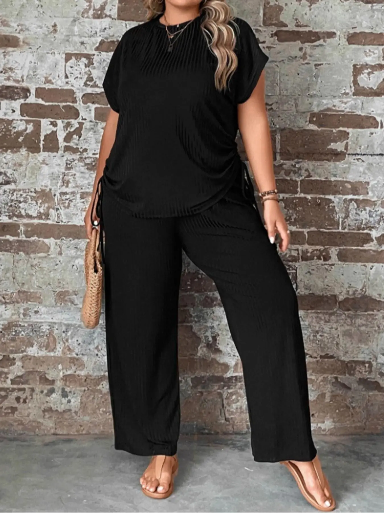 [Plus Size] Women's Plain Basic Minimalist Medium Fitted Two-Piece Set, Casual Drawstring Batwing Round Neck Tee & Wide Leg Pants, Women's Plus Outfits for Summer, Summer Outfits 2024, Womenswear, Clothes