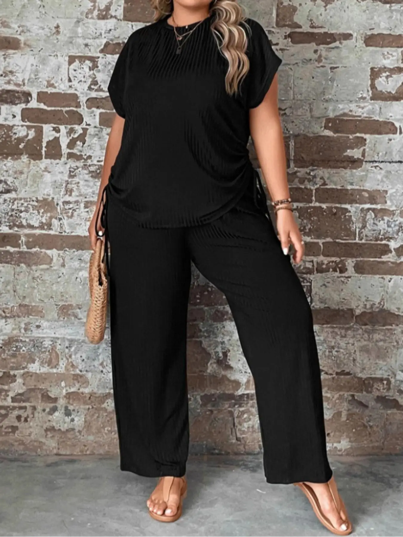 【Plus Size】Women's Plain Two-Piece Set, Casual Drawstring Tee & Wide Leg Pants, Women's Plus Outfits for Summer, Summer Outfits 2024
