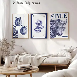 Three-Piece Unframed Canvas Posters, Blue Lucky Leopard Theme Wall Art Decor, Perfect for Living Room & Bedroom Decoration