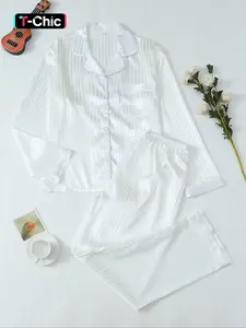 Women's Plain Sleepwear Set Loungewear Long Sleeve Button Front Shirt & Pants, Casual Loose Fit Pajamas for All Seasons, Home Wear
