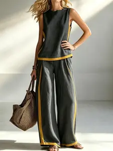 Summer Boho Style Set, Women's Patchwork Sleeveless Top with Wide Leg Pants, Lightweight Daily Wear, All Seasons