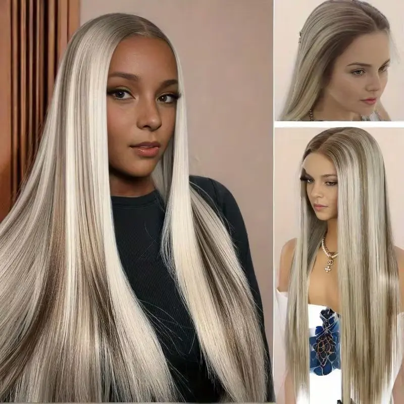 Piano Brown Blonde Highlight Straight Lace Front Wig Pre-Plucked Hairline Synthetic Heat Stylable Long Straight Highlight Lace Frontal Wig Trendy Fashion Wig For Women Makeup Look
