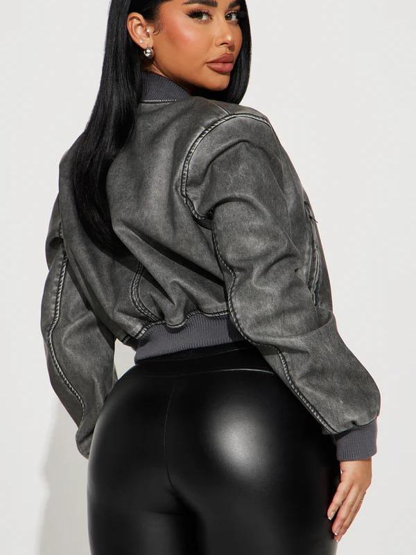 Zoe Washed Faux Leather Bomber Jacket - Grey, Stylish & Comfortable, Perfect for Casual Wear
