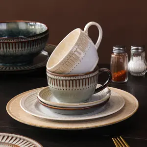 Ceramic cup latte art coffee cup and saucer set for couples, vintage style coffee cup, Japanese ins light luxury retro