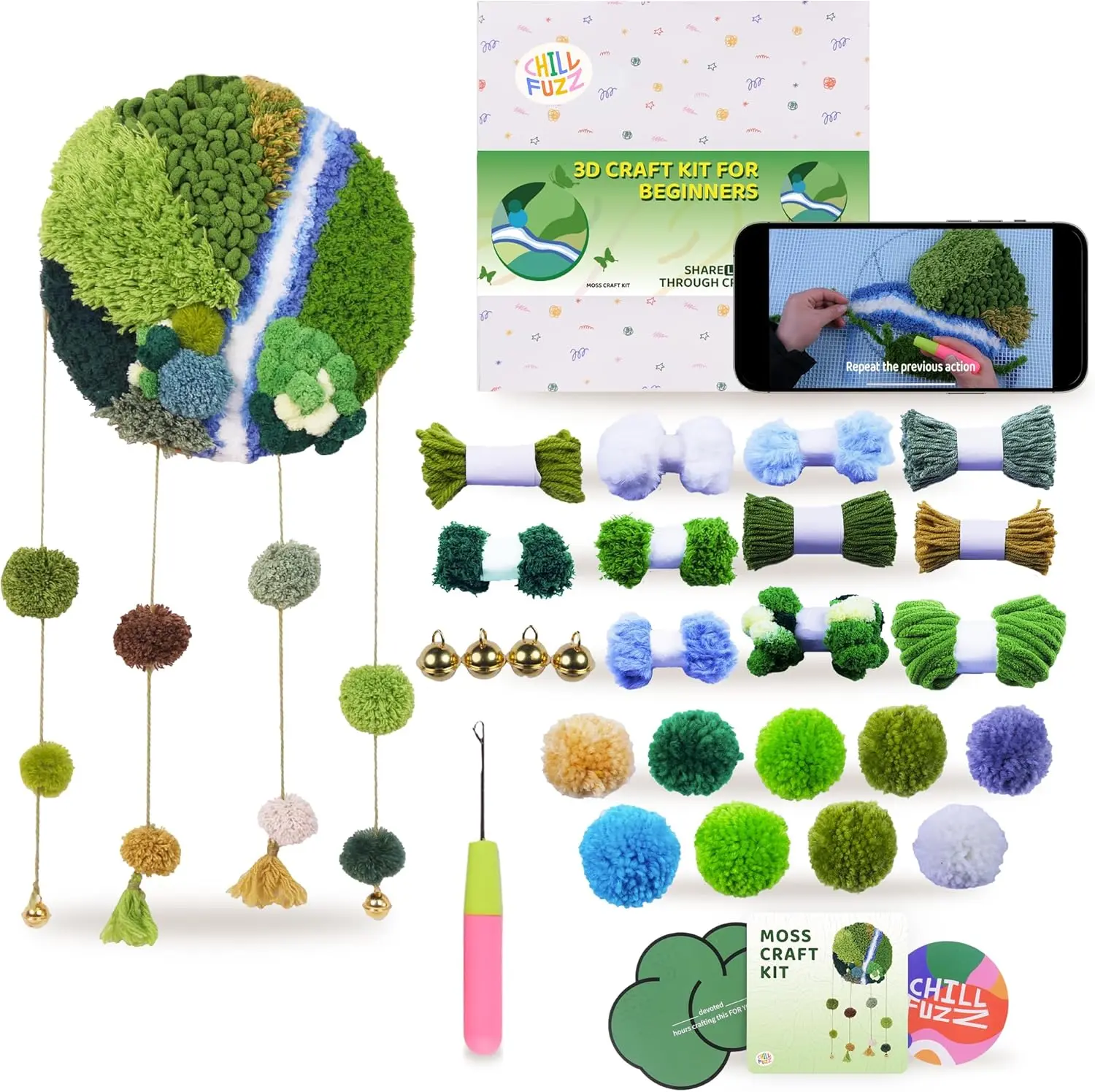 ChillFuzz DIY Bohemian Dreamcatcher Wind Chime Kit Handmade Yarn Wall Hanging Craft Set Boho Decor for Home & Garden Beginner-Friendly Green Latitude37N