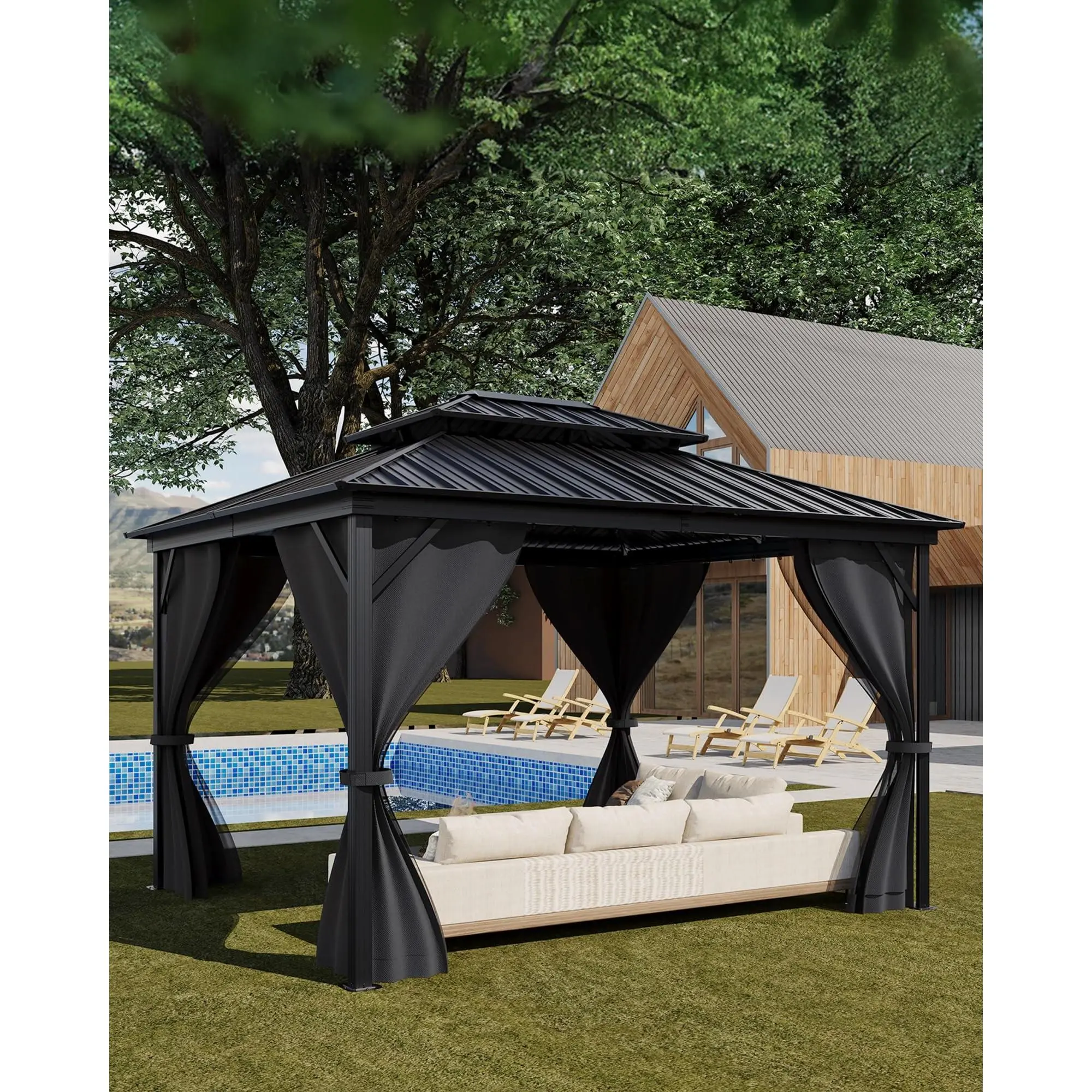 Garvee Hardtop Gazebo 12'x14' for All Weather, with Double Metal Roof, Aluminum Alloy Frame, Net, and Curtain, Permanent Building for Patio, Deck, Backyard, Lawn, and Garden, Gray