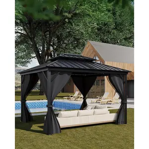 Garvee Hardtop Gazebo 12'x14' for All Weather, with Double Metal Roof, Aluminum Alloy Frame, Net, and Curtain, Permanent Building for Patio, Deck, Backyard, Lawn, and Garden, Gray