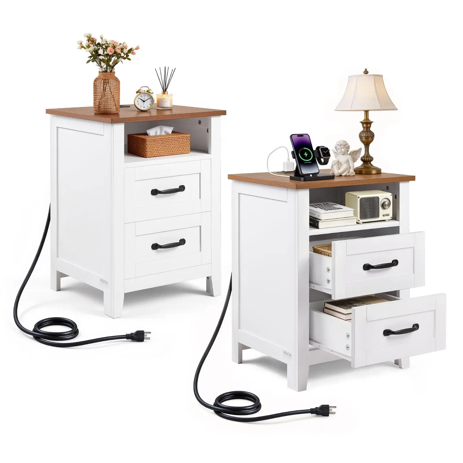 VEVOR Farmhouse Nightstands, with Charging Station, Set of 2, End Tables with 2 Drawers and Open Shelf, Bedside Storage Cabinets, Rustic Side Tables with USB Port, for Bedroom, Living Room, White, 2 Ac Outlets, Deep Drawer Storage#BackToSchool