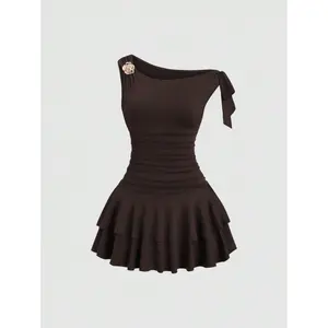 Women Solid Color Metal Flower Decor Asymmetric Neckline Mini Dresses