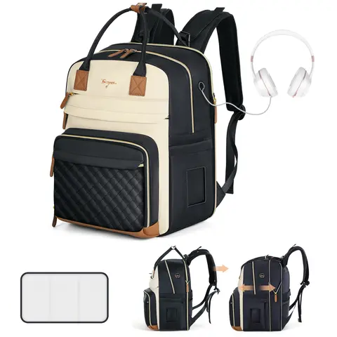 TONYEEE Neutral Multifunctional Diaper Bag Backpack for 2 Kids - 25-37L Expandable Work-Friendly Hands-Free Baby Travel Gear Tote with Zippered Multi-Compartment, Organizer, Changing Pad, Earphone Hole, Anti-Theft Feature (Apricot Black Gift)