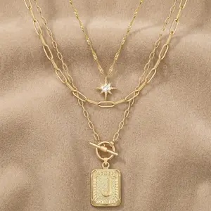 Women's 14K Gold Plated Layered Initial Necklaces - Square Letter Pendant & Simple Star Choker | Personalized Paperclip Chain Jewelry Gift