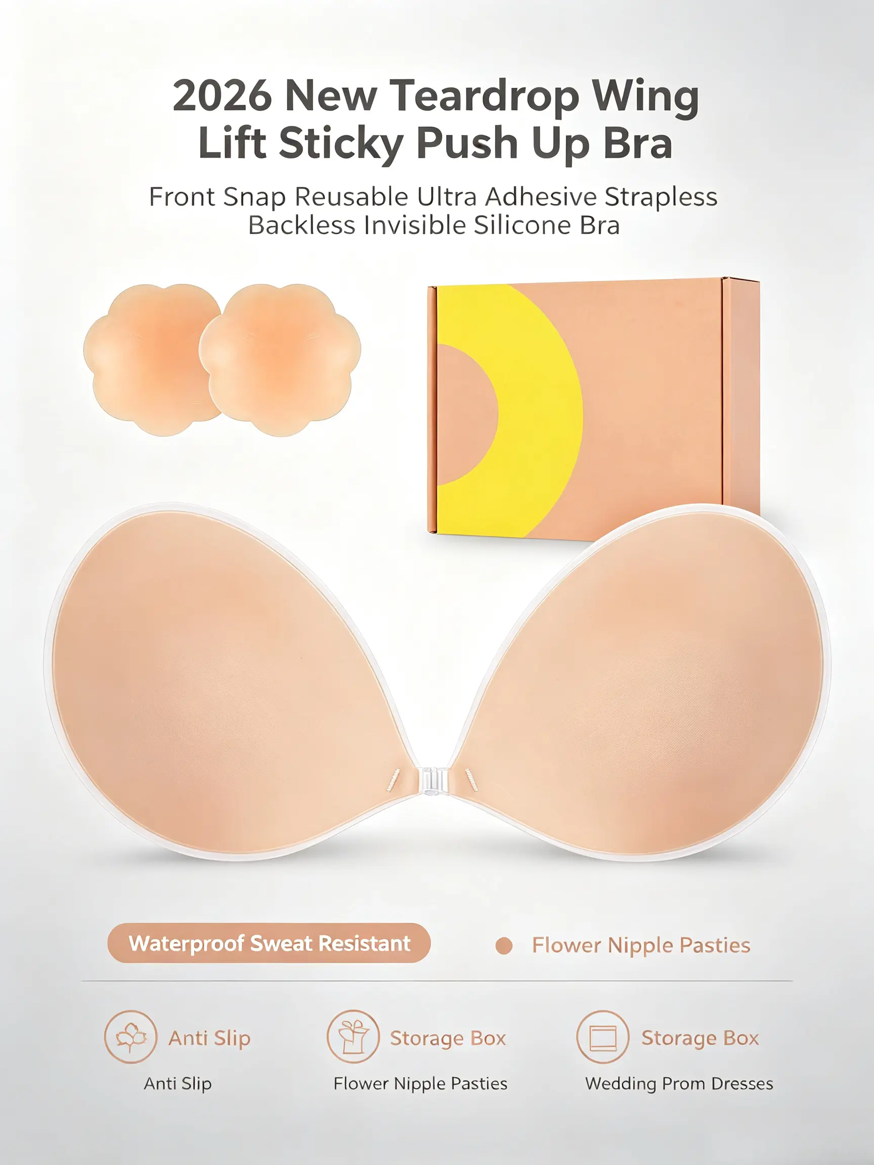 Teardrop Wing Lift Push Up Bra Front Snap Reusable Ultra Adhesive Strapless Backless Invisible Silicone Bra Waterproof Sweat Resistant Anti Slip Bra Set with Flower Nipple Pasties Storage Box for Wedding Prom Backless Dresses