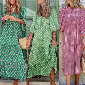 Women’s V Neck Maxi Dress Long Sleeve Loose Fit Boho Dress