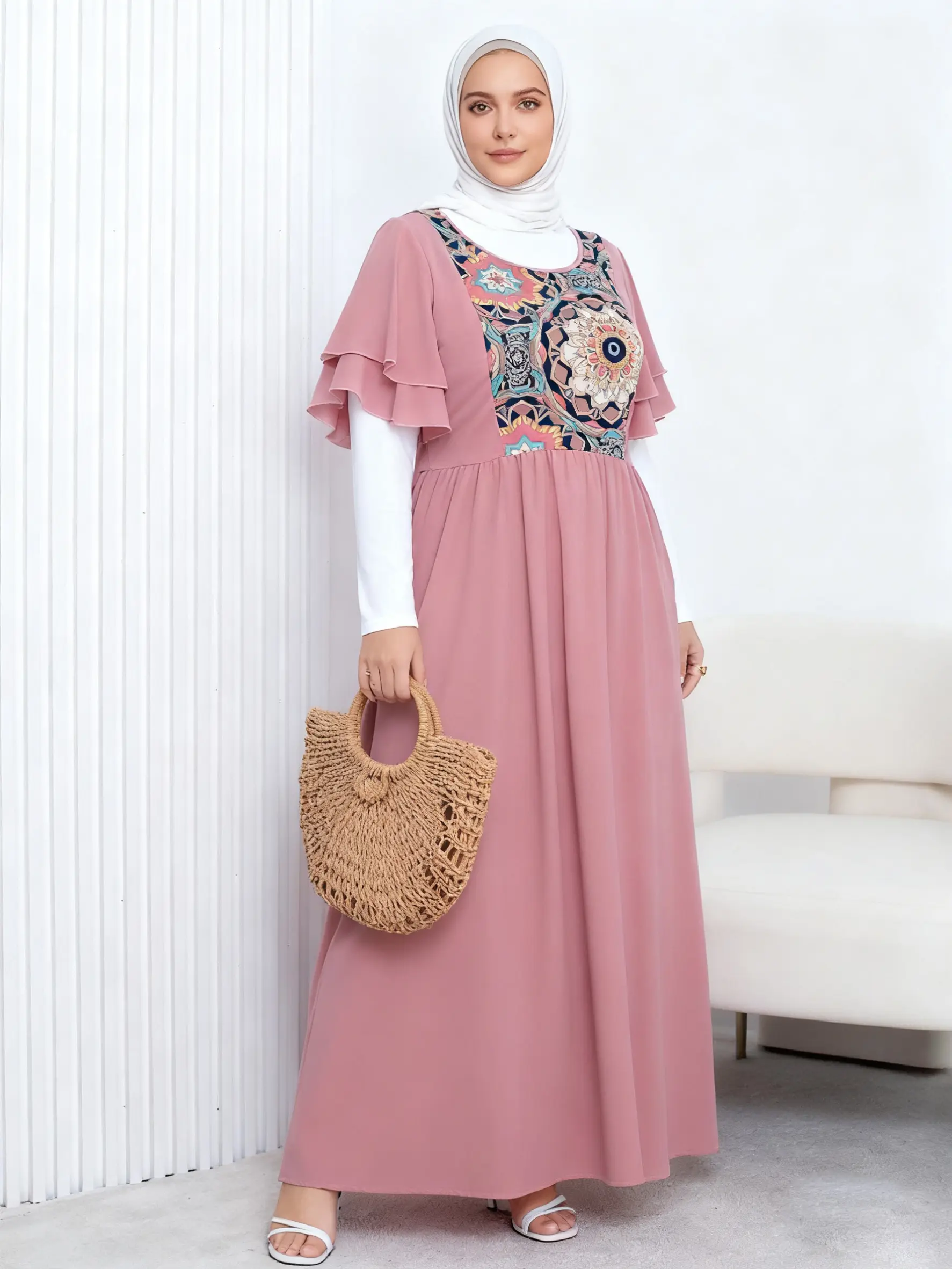 【Plus Size】 Ethnic Pattern Print Dress, Modest Fashion Casual Dress for Daily Outdoor Wear, Women Plus Clothing for All Seasons