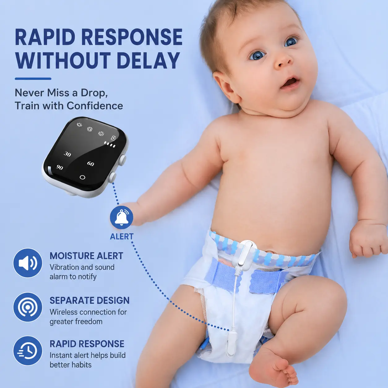 Wireless Bed Wetting Alarm for Kids, Rechargeable Moisture Sensor with Charging Case, Sound & Vibration Alerts, LED Display for Boys & Girls