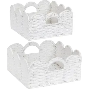 Scalloped Wicker Basket  Paper Rope Storage Baskets with Handles Handwoven Organizer Bin Wicker Storage Baskets for  Decor, Organizing, 2 Pack (White)