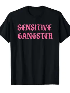 Sensitive Gangster Design T-Shirt[Cool Design] Street Trending Style Women's Tee Comfortable Cotton Round Neck Shorts Same Gender Design and Sleeves Men's T Shirts