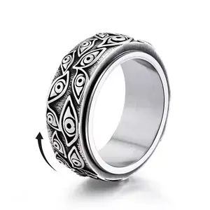 Men's Vintage Stainless Steel Rotating Band  Engraved Rings Eye of God Black Gold Silver Tone