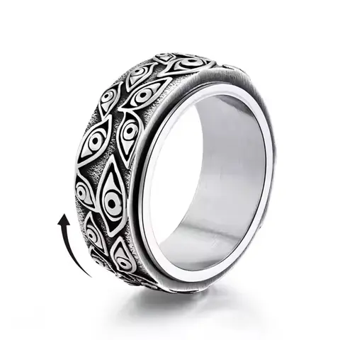 Men's Vintage Stainless Steel Rotating Fidget Spinner Ring - Eye of God Design, Hypoallergenic Anti Anxiety Accessory, Vintage Look with Modern Edge, Christmas Men's Costume Jewelry, Anti Anxiety Ring