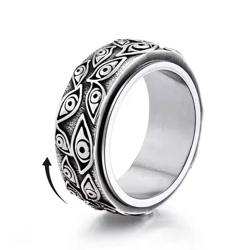 Men's Vintage Stainless Steel Rotating Fidget Spinner Ring - Eye of God Design, Hypoallergenic Anti Anxiety Accessory, Vintage Look with Modern Edge, Christmas Men's Costume Jewelry, Anti Anxiety Ring