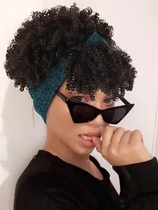Women's 8 Inch Black Short Curly Wigs with Bangs, 1 Piece Natural Fluffy Synthetic Headband Wigs for Party, Daily Use