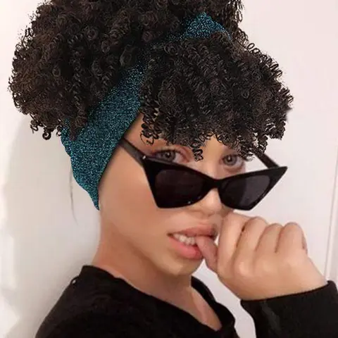Women's 8 Inch Black Short Curly Wigs with Bangs, 1 Piece Natural Fluffy Synthetic Headband Wigs Curly Hair Wigs for Party, Daily Use, Premium Synthetic Wigs