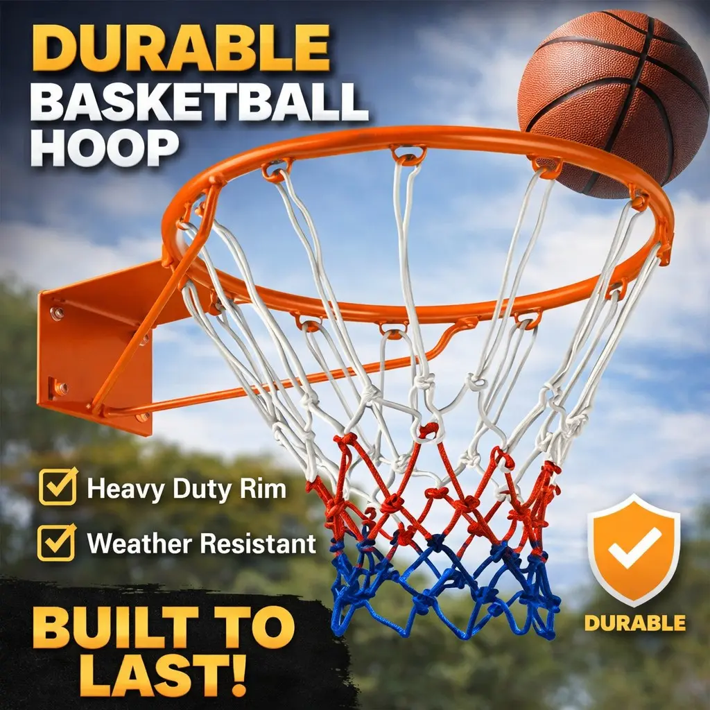 Wall Mounted Basketball Hoop, Basketball Hoop System, Heavy Duty Kids & Youth Basketball Rim for Indoor Outdoor Weather Resistant Play, Standard Training Basketball Goal with Net, Wall Anchors & Pump Needle for Backyard, Home & School, Training Equipment