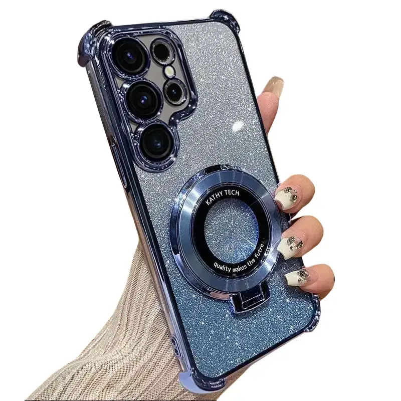 Electroplated Magnetic Stand Phone Case with Glitter Card Decoration - Thick Air Cushion Shockproof Full-Side Protection, Compatible with Samsung Galaxy S26 Ultra, S25, S24, S23, S22 Edge - Luxury Fashion Birthday Gift for Girls high-end