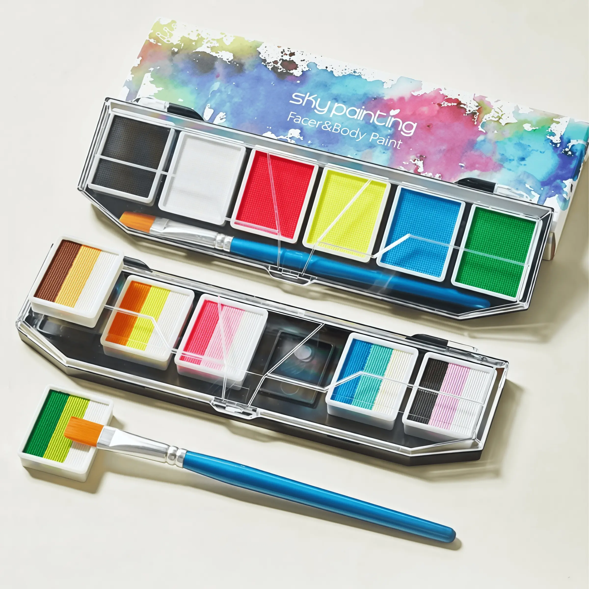 6 Color Gradient Rainbow Face Paint Set, Includes Brush & Stencils, Water-Soluble Quick-Dry, Bright Colors, Perfect for Parties
