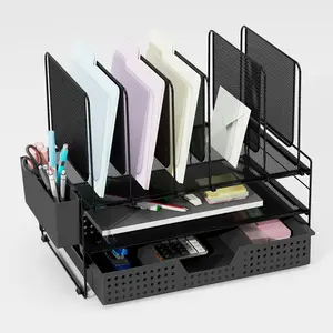 Desk Organizer, Office Organization with Vertical File Holder, File Organizer with Drawer and Pen Holder, Desk Accessories and Workspace Organizers for Home Office (Black)