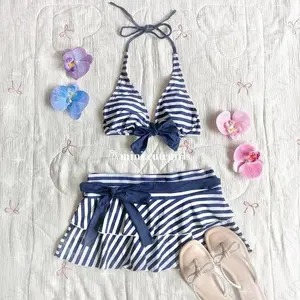 Aesthetic Crop Tops Sweet Girl Blue Stripe Bow Summer Chic Swimsuit Kawaii Camis Women Clothing Sexy Harajuku Y2k Tank Top Suit