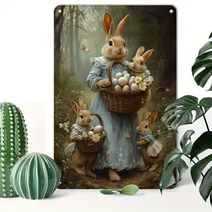 A Retro Easter Bunny Family Tin Sign: Aluminum Wall Hanging Easter Decorations for Home