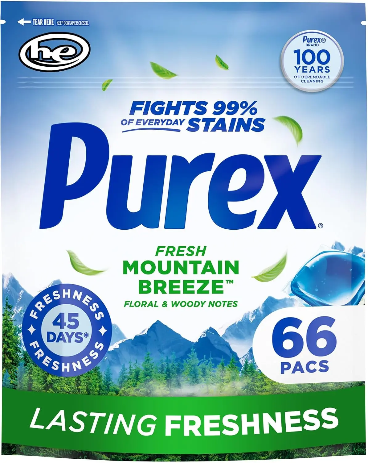 Purex Fresh Mountain Breeze Laundry Detergent Pacs, 66 Count | Convenient single-use pods, dissolves in all water temperatures, effective stain removal, crisp scent, mess-free washing