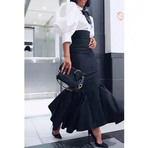 Women's Elegant Black Formal & Everyday skirt - Flattering High-Low hem, Machine Washable, for Parties, Office, Lunches - Year-Round Wardrobe Staple, Party Dress, Medium Elasticity, Versatile Dress, Ruffled Design, Comfortable Fit, Fashion Lovers