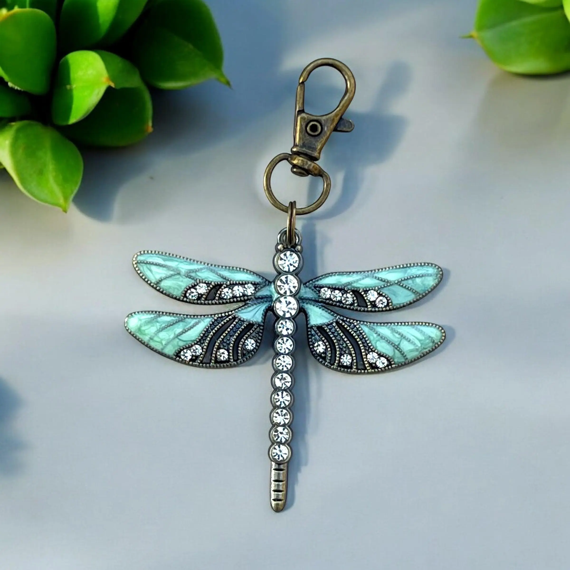 Mint Dragonfly Purse Charm – Rhinestone Boho Bag Accessory