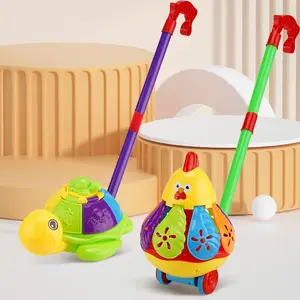 Push-Along Rotating Toy, Cute Chicken Turtle Design, Adjustable Bell, Detachable Walking Trainer, Unisex, No Batteries Included
