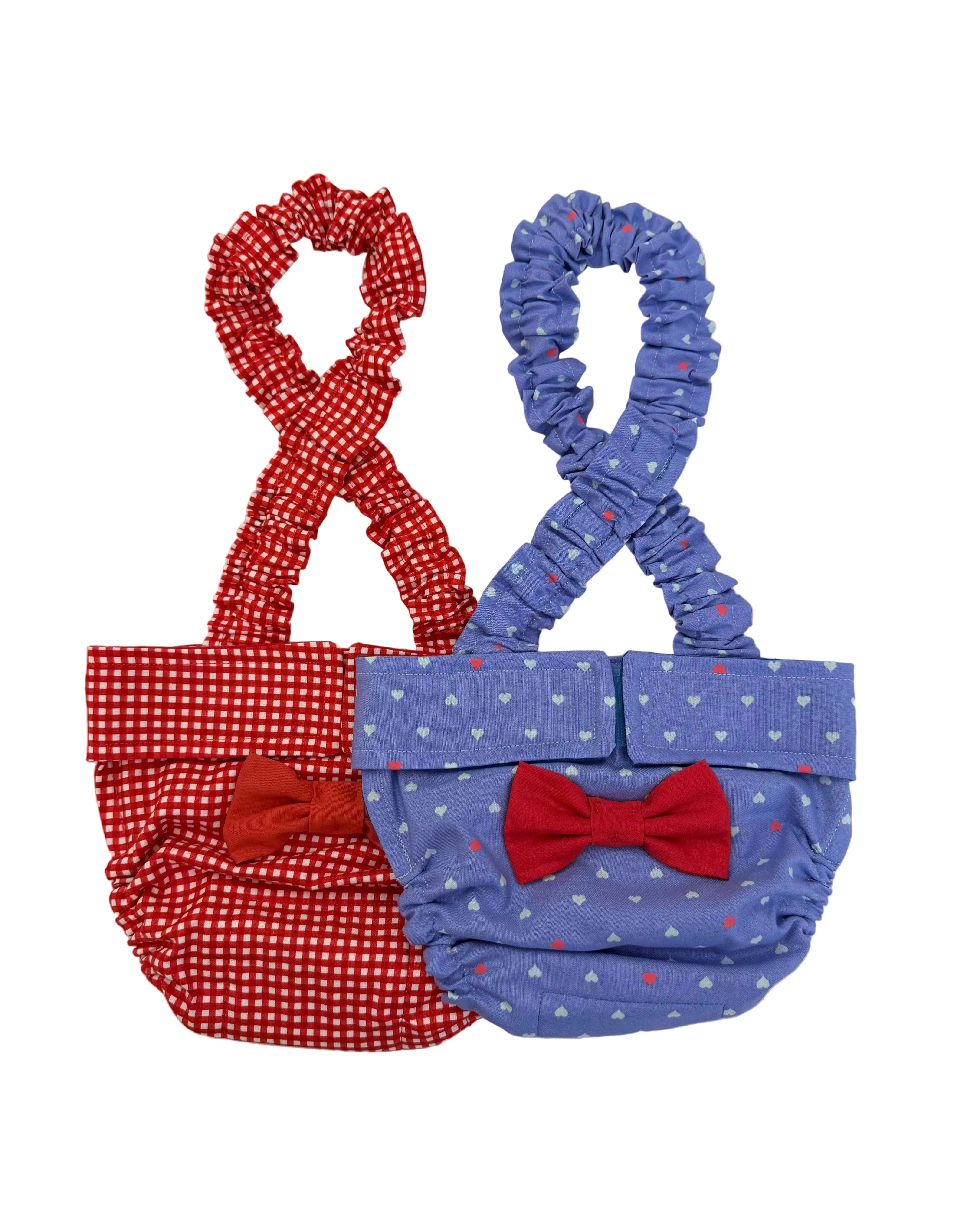 Wephies Handmade Cotton Fabric Dog Diaper Suspenders for French Bulldogs, Special Needs Use - Travel & Airplane-Friendly Red Gingham and Bluebell Set