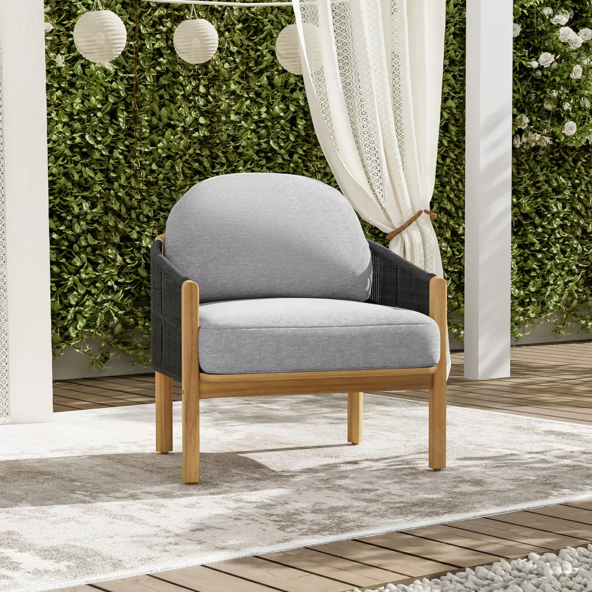 30.75*30.5*33.35in Teak Finish Acacia Wood Club Chair - Dark Gray Hand-Woven Rope Piece with Olefin Fabric Soft Cushion, Patio Backyard Furniture for Lawn Relaxation & Supportive Sitting, Outdoor Living Furniture Garden Chair