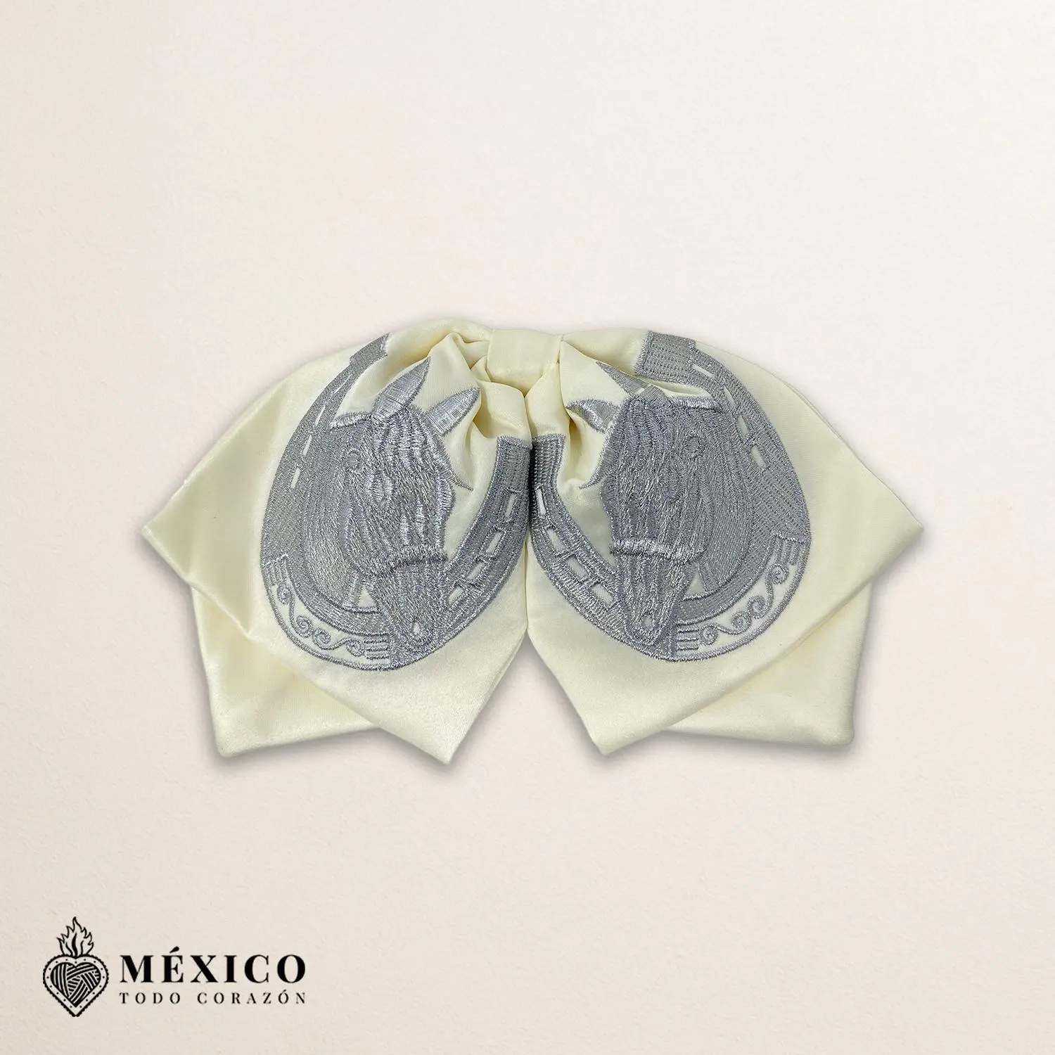 Beige Mexican Charro Moño with Silver Horse Embroidery | Traditional Mariachi Bow for Fiestas, Rodeos, Cultural Events | México Todo Corazón
